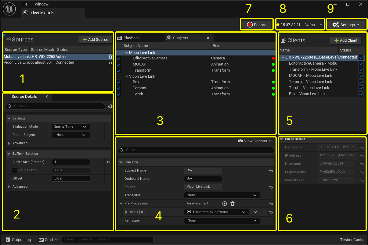 Live Link Hub interface - sources panel, subject list and clients panel for managing multi-device capture streams